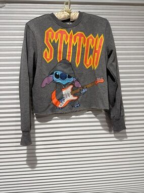 Disney Grey Cropped Sweatshirt with Stitch Guitar Graphic